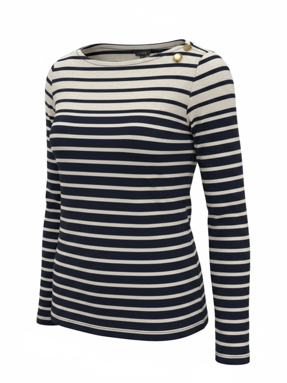 J. Crew Navy and Cream Striped Boatneck Top with Gold Buttons